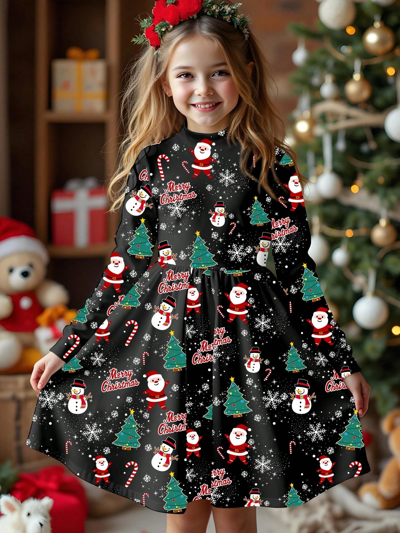 فستان بناتي كاجوال جميل للشتاء، طباعة سانتا كلوز، شجرة عيد الميلاد، قصبة السكر