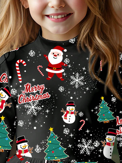 فستان بناتي كاجوال جميل للشتاء، طباعة سانتا كلوز، شجرة عيد الميلاد، قصبة السكر