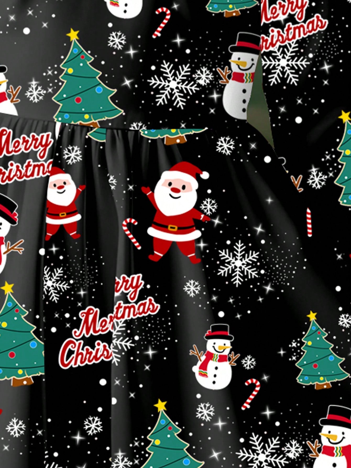 فستان بناتي كاجوال جميل للشتاء، طباعة سانتا كلوز، شجرة عيد الميلاد، قصبة السكر