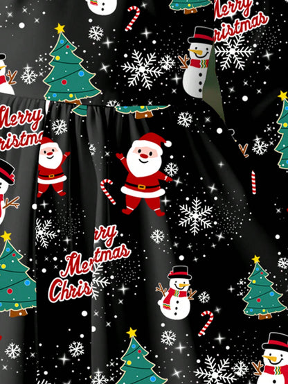 فستان بناتي كاجوال جميل للشتاء، طباعة سانتا كلوز، شجرة عيد الميلاد، قصبة السكر