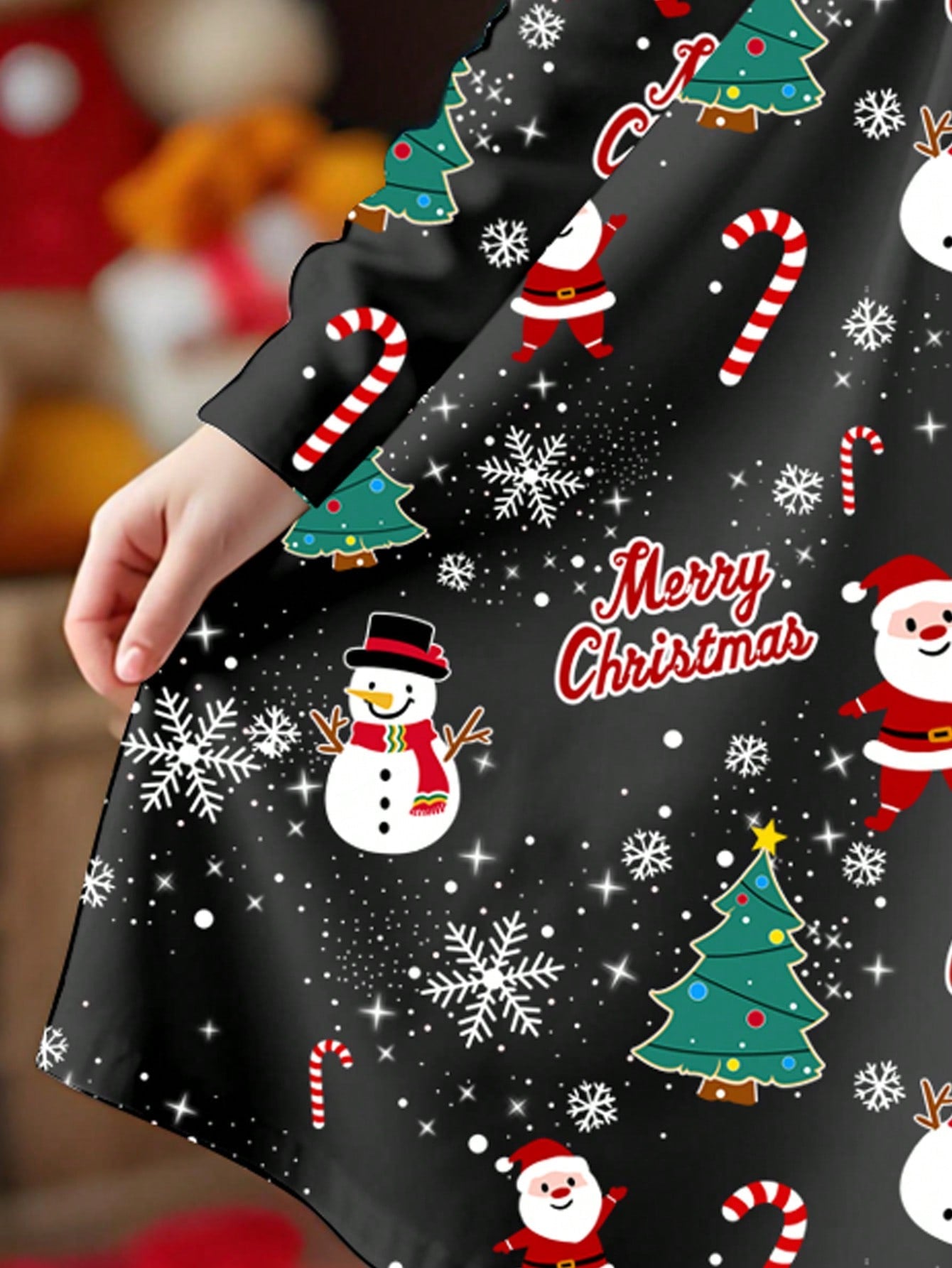 فستان بناتي كاجوال جميل للشتاء، طباعة سانتا كلوز، شجرة عيد الميلاد، قصبة السكر