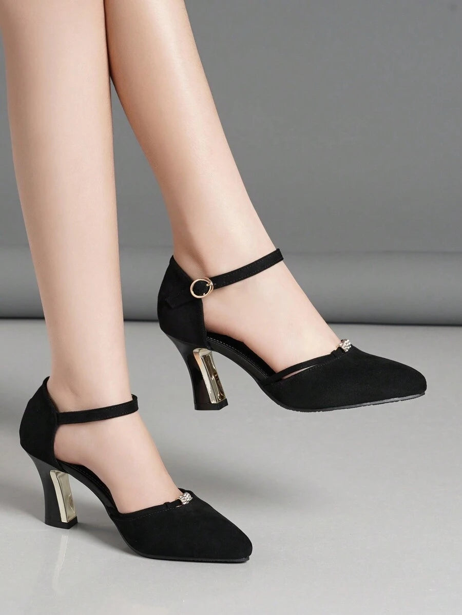 صنادل نسائية ذات كعب كبير سميك بحزام ومرصعة بالراين، فتحة للأصابع، للربيع والصيف