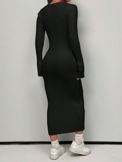 فستان كنزة صوفية طويلة بياقة بولو لون أحادي الخامة بأكمام طويلة مُحببة الملمس، للخريف