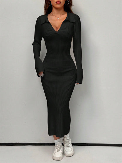 فستان كنزة صوفية طويلة بياقة بولو لون أحادي الخامة بأكمام طويلة مُحببة الملمس، للخريف