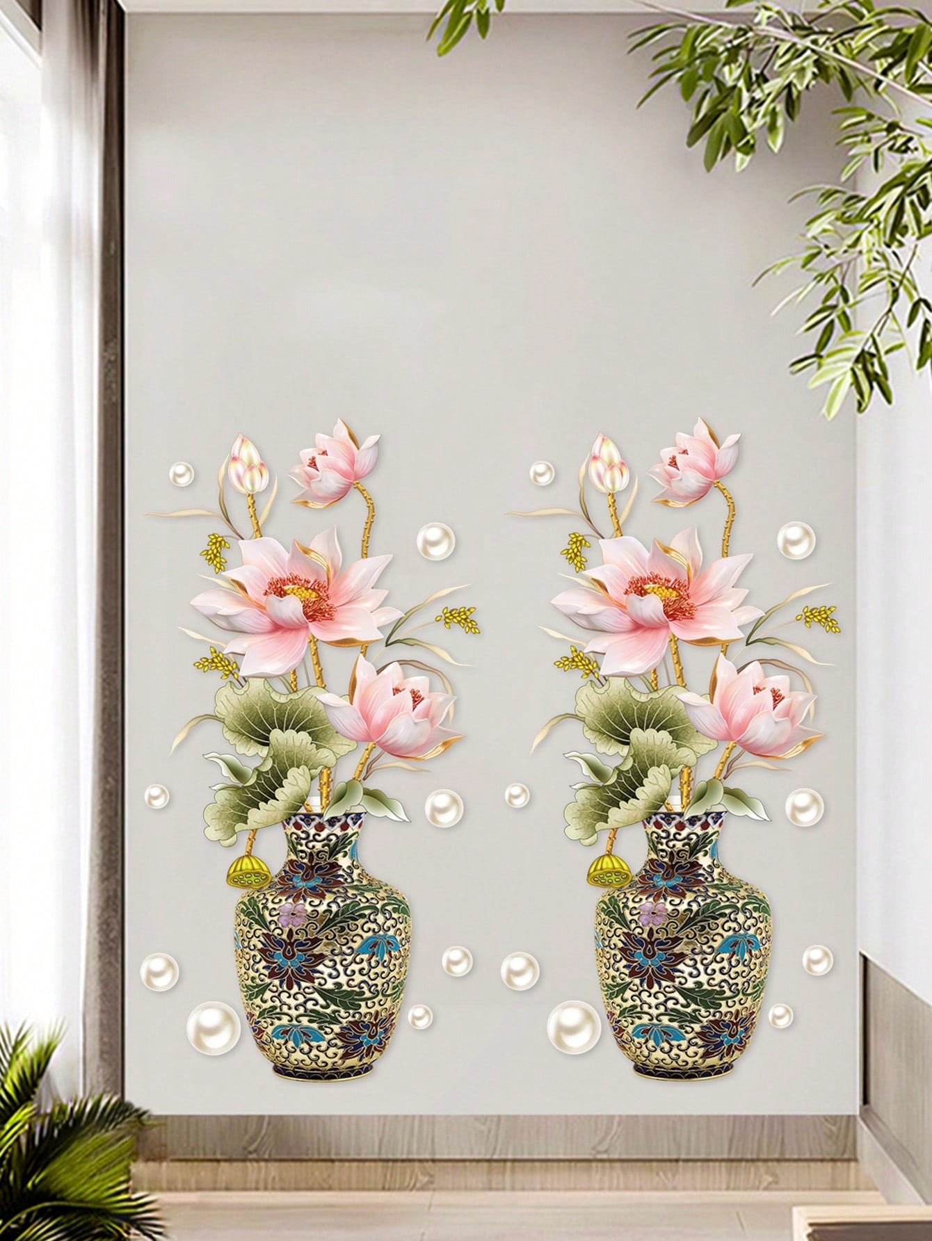 ملصق حائط مطبوع عليه زهور ومزهرية