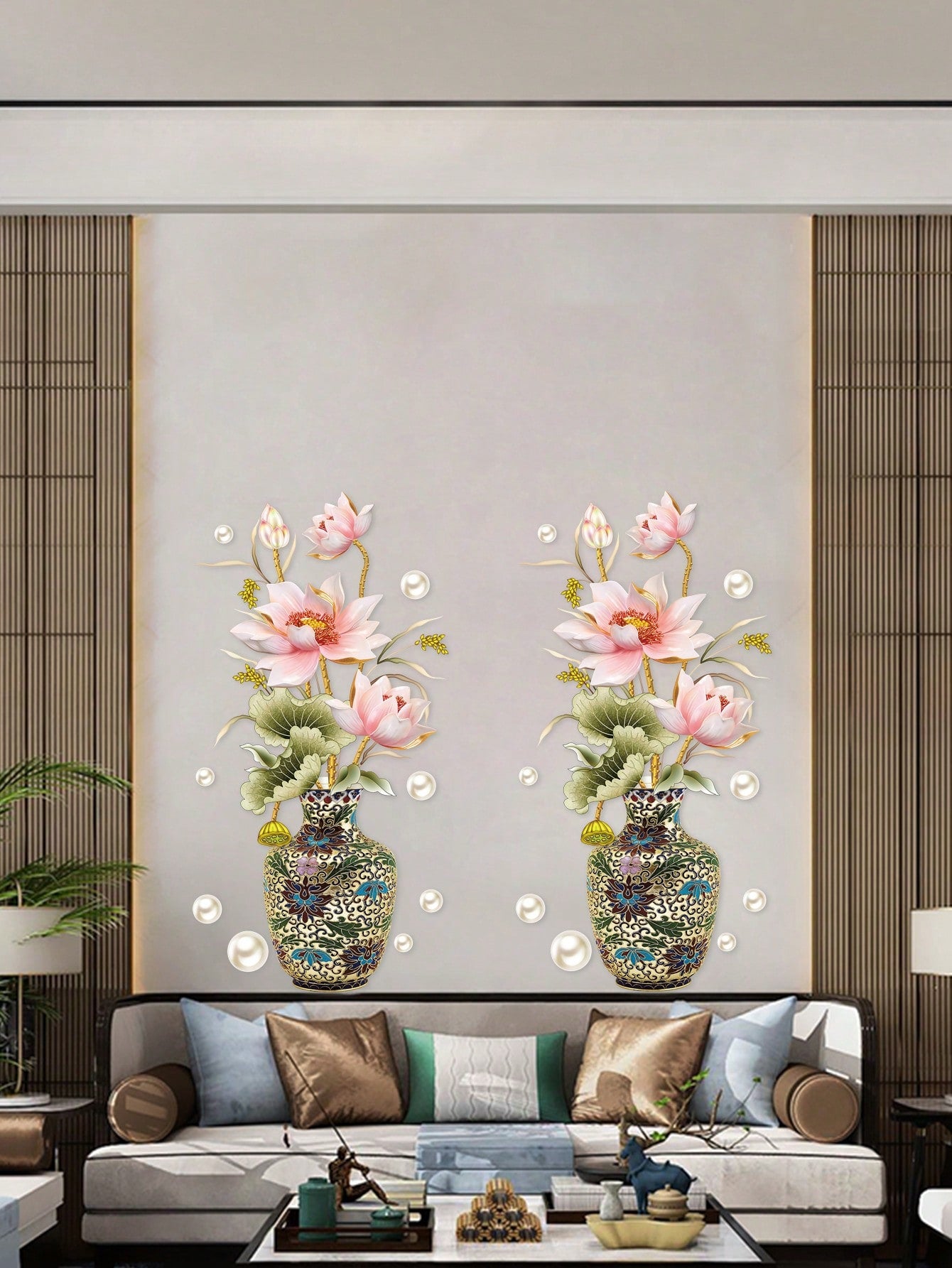 ملصق حائط مطبوع عليه زهور ومزهرية