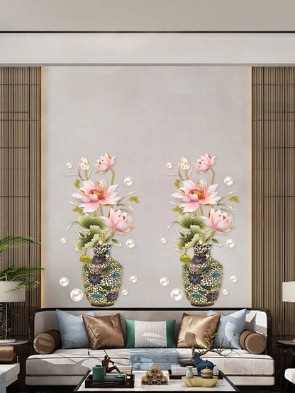 ملصق حائط مطبوع عليه زهور ومزهرية