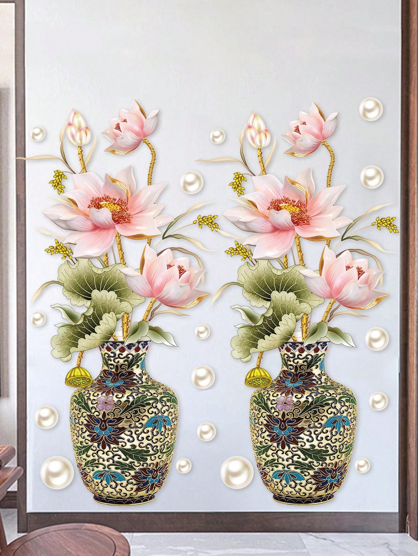 ملصق حائط مطبوع عليه زهور ومزهرية