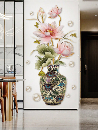 ملصق حائط مطبوع عليه زهور ومزهرية