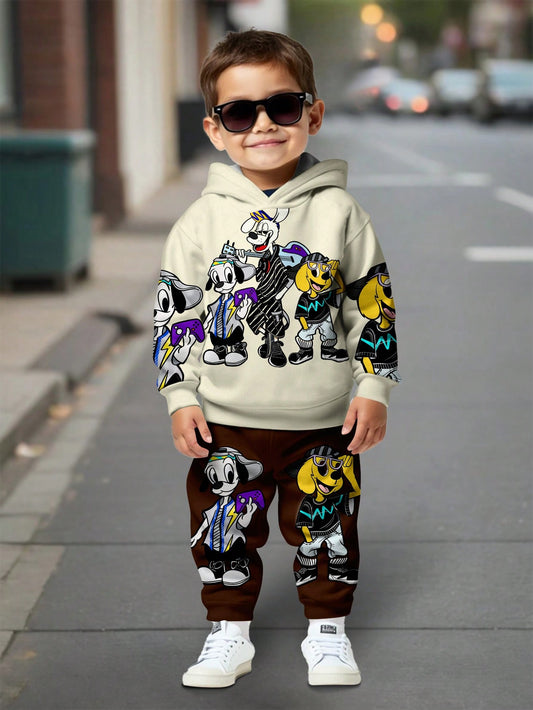 طقم سترة وبنطال كاجوال فضفاض بطباعة فتيان شباب ، كلاب باردة ، أرانب باردة مناسب للخريف والشتاء 2 قطعة