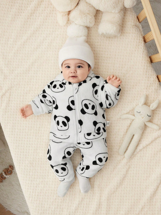 جديد مولود فتاة مجموعة بطانية قطيفة جذابة مع طبعة كرتونية لباندا مع بلوزة ذات هودي وسروال , خريف/شتاء