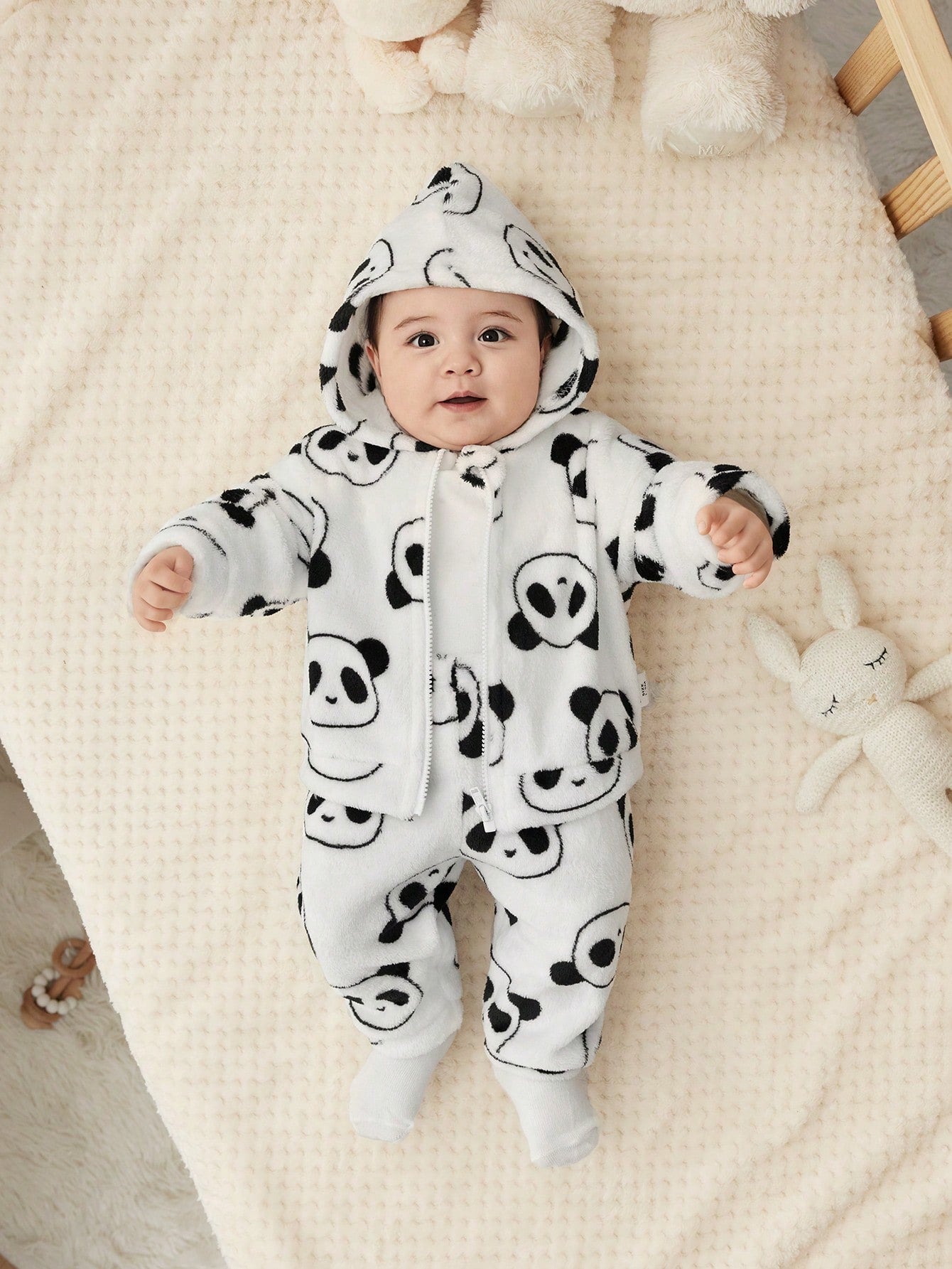 جديد مولود فتاة مجموعة بطانية قطيفة جذابة مع طبعة كرتونية لباندا مع بلوزة ذات هودي وسروال , خريف/شتاء
