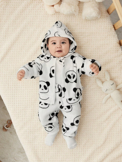 جديد مولود فتاة مجموعة بطانية قطيفة جذابة مع طبعة كرتونية لباندا مع بلوزة ذات هودي وسروال , خريف/شتاء