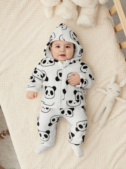 جديد مولود فتاة مجموعة بطانية قطيفة جذابة مع طبعة كرتونية لباندا مع بلوزة ذات هودي وسروال , خريف/شتاء