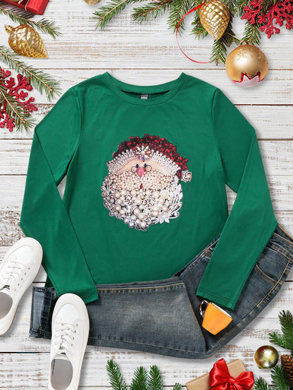 تي شيرت طباعة كاجوال بأكمام طويلة وياقة مستديرة للنساء، تيشيرت بطباعة جرافيك للنساء ملائم للمظهر الربيعي