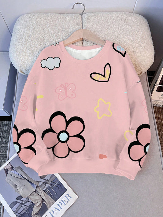 بلوزة رياضية فضفاضة بطبعة وردية ، قلب وسحابة للنساء،  مناسبة للخريف / الشتاء