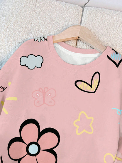 بلوزة رياضية فضفاضة بطبعة وردية ، قلب وسحابة للنساء،  مناسبة للخريف / الشتاء