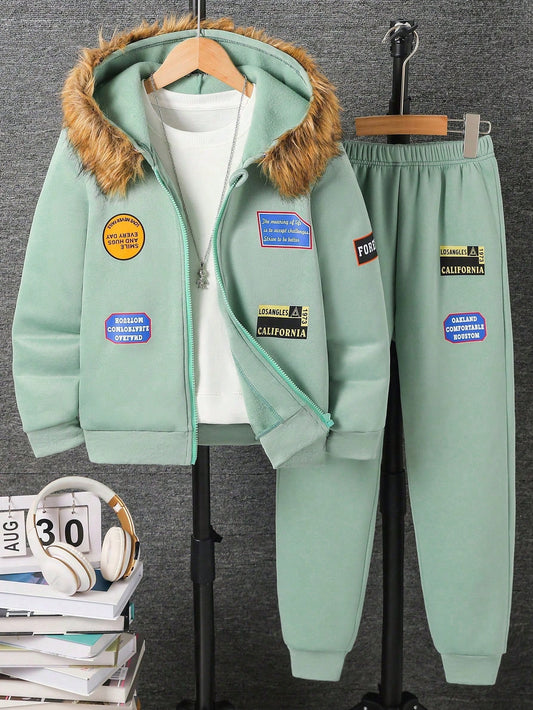 طقم ملابس من قطعتين هوديي بياقة فرائية وبنطلون رياضي للأولاد المراهقين