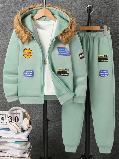 طقم ملابس من قطعتين هوديي بياقة فرائية وبنطلون رياضي للأولاد المراهقين