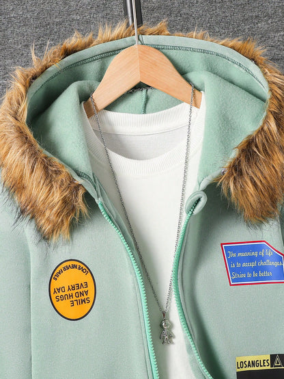 طقم ملابس من قطعتين هوديي بياقة فرائية وبنطلون رياضي للأولاد المراهقين