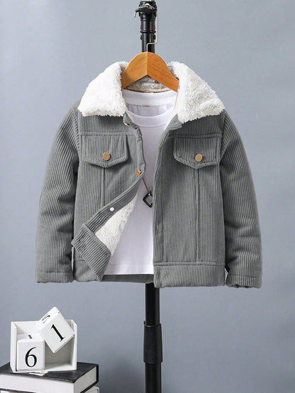 جاكيت بسيطة كم طويل طوق فرو صبي، لبس يومي عادي