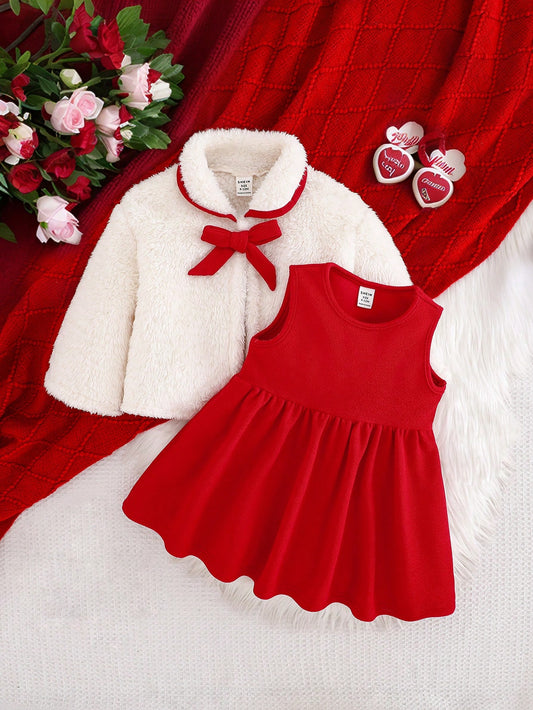 طقم فستان أحمر وجاكيت ذو فيونكة فرو للبنات الرضّع، 2 قطعة، للخريف/الشتاء، مناسب لعيد الميلاد