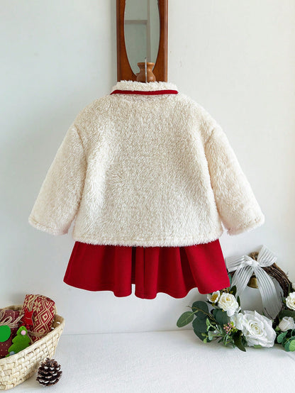طقم فستان أحمر وجاكيت ذو فيونكة فرو للبنات الرضّع، 2 قطعة، للخريف/الشتاء، مناسب لعيد الميلاد
