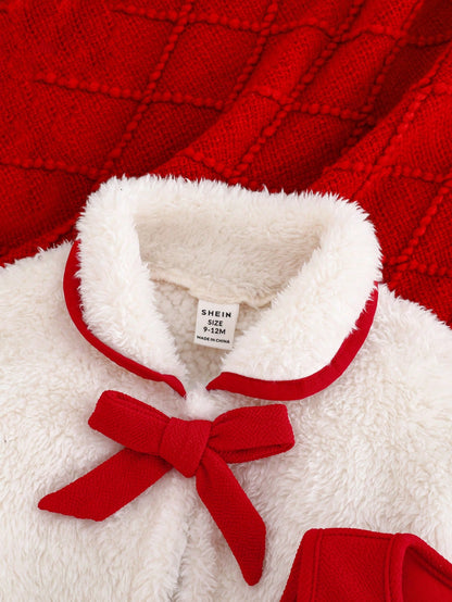 طقم فستان أحمر وجاكيت ذو فيونكة فرو للبنات الرضّع، 2 قطعة، للخريف/الشتاء، مناسب لعيد الميلاد