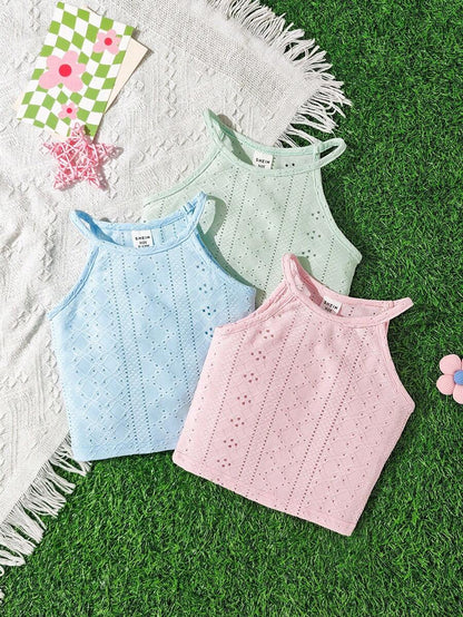 طقم مكون من 3 قطع للفتيات الصغيرات: توب كامسول بأشكال هندسية بلون واحد
