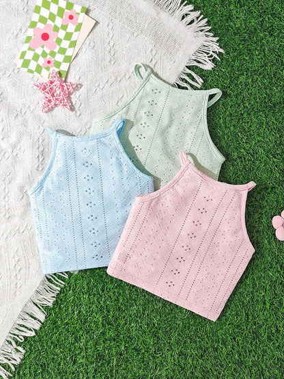 طقم مكون من 3 قطع للفتيات الصغيرات: توب كامسول بأشكال هندسية بلون واحد