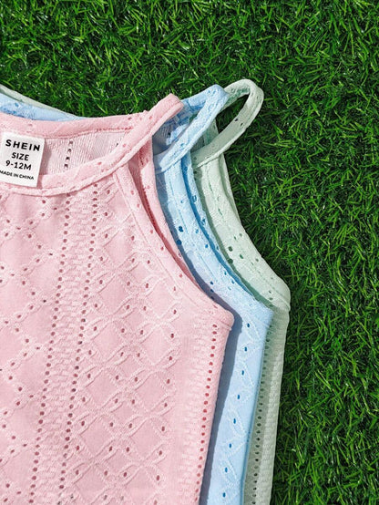 طقم مكون من 3 قطع للفتيات الصغيرات: توب كامسول بأشكال هندسية بلون واحد