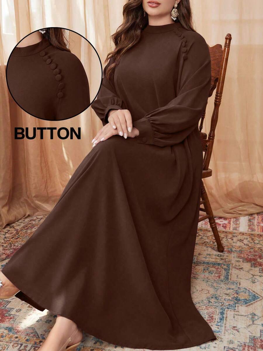 فستان نسائي واسع بأكمام طويلة لربيع/خريف، بألوان صلبة، مزين بأزرار، مقاسات كبيرة، بطراز عربي