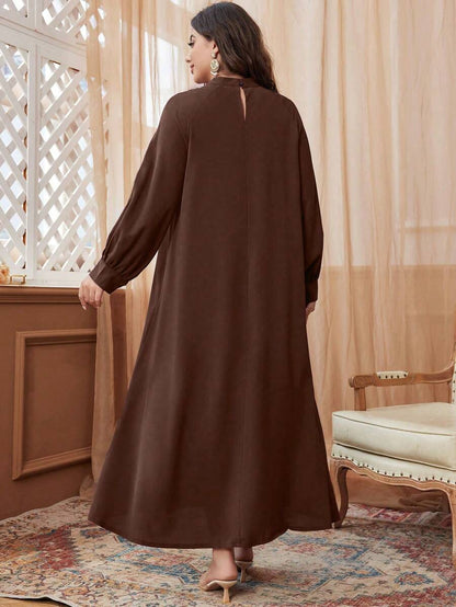 فستان نسائي واسع بأكمام طويلة لربيع/خريف، بألوان صلبة، مزين بأزرار، مقاسات كبيرة، بطراز عربي