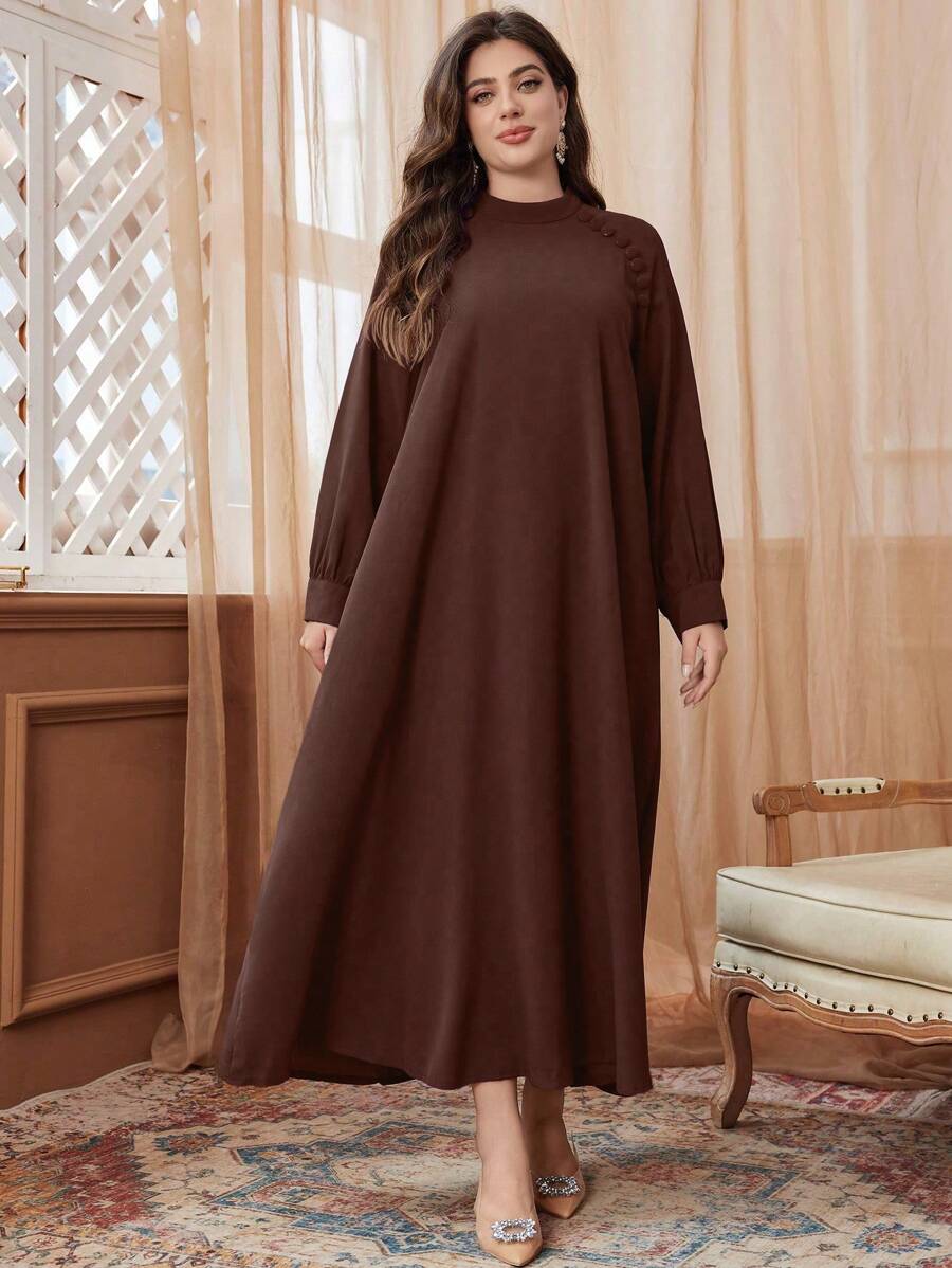 فستان نسائي واسع بأكمام طويلة لربيع/خريف، بألوان صلبة، مزين بأزرار، مقاسات كبيرة، بطراز عربي