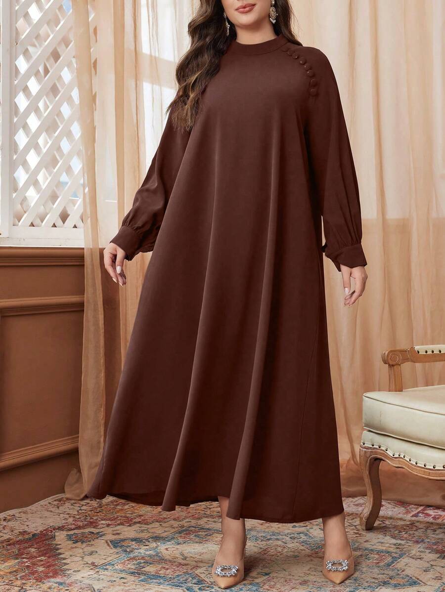 فستان نسائي واسع بأكمام طويلة لربيع/خريف، بألوان صلبة، مزين بأزرار، مقاسات كبيرة، بطراز عربي