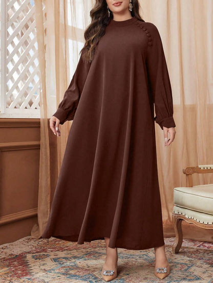 فستان نسائي واسع بأكمام طويلة لربيع/خريف، بألوان صلبة، مزين بأزرار، مقاسات كبيرة، بطراز عربي
