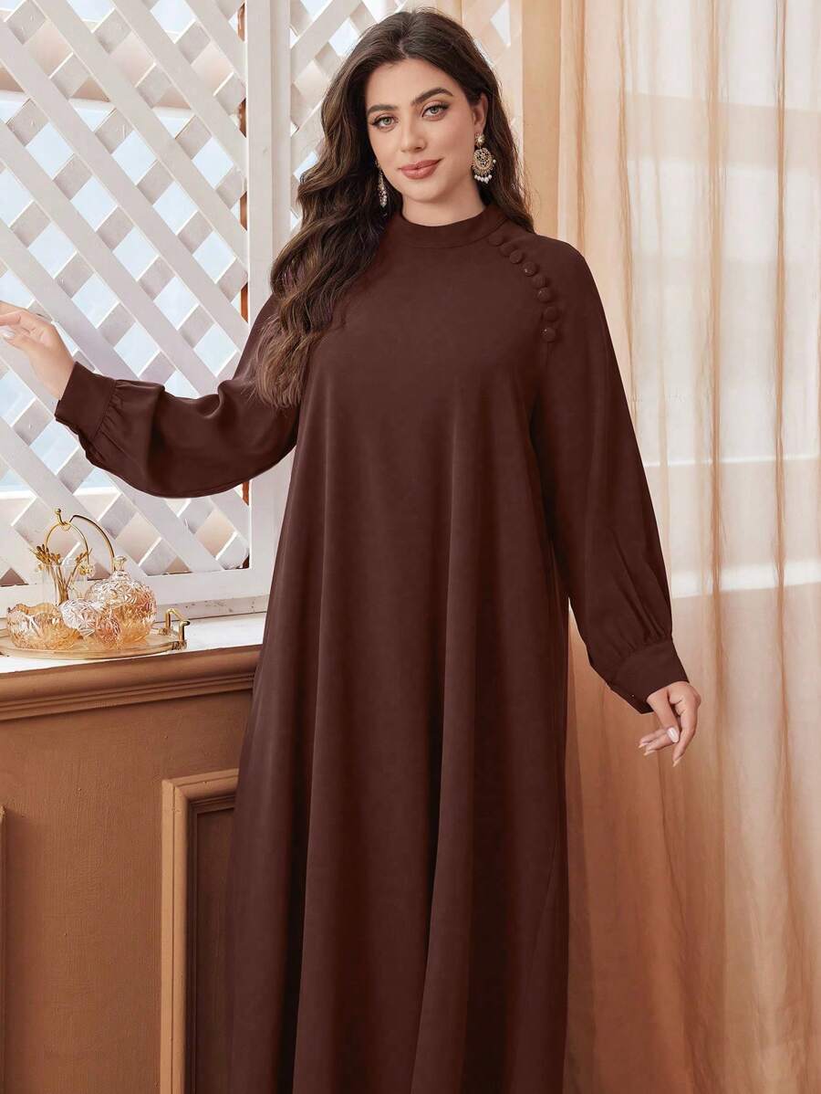 فستان نسائي واسع بأكمام طويلة لربيع/خريف، بألوان صلبة، مزين بأزرار، مقاسات كبيرة، بطراز عربي