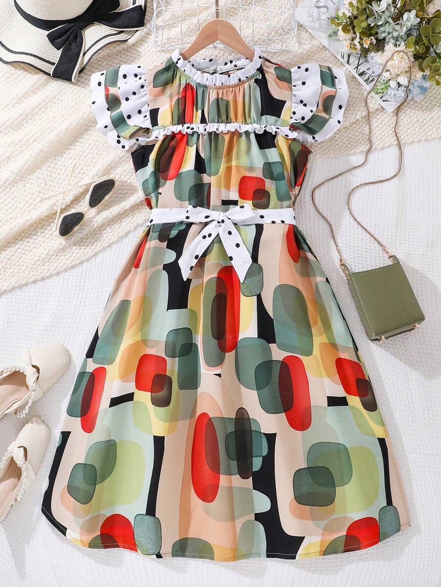 فستان مطبوع بأكمام قصيرة للبنات