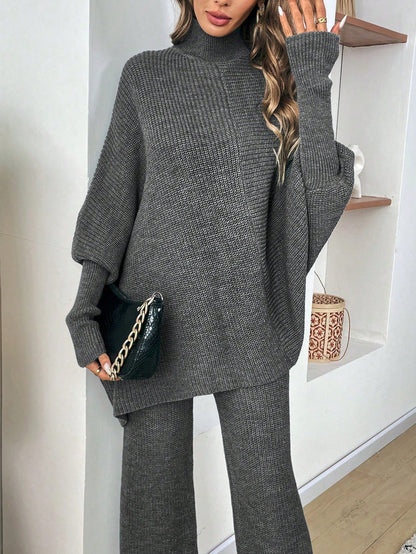 طقم كنزة صوفية واسعة بياقة رقبة صغيرة وبنطال قطعتين للنساء