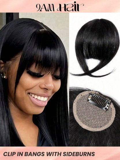 بانج بشعر بشري فرنسي بلون بني وجنبات جانبية، إضافة وصلة شعر تلتصق بسهولة للمبتدئين