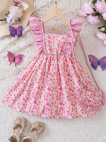 فستان الفتيات مزين بالحواف والطبعات الأزهار