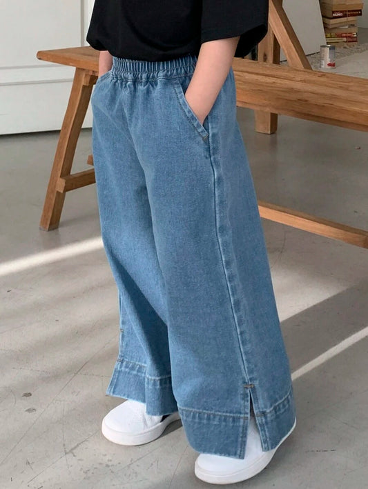 سراويل جينز عصرية بخصر مطاطي وجيوب وأرجل واسعة للفتيات الصغيرات