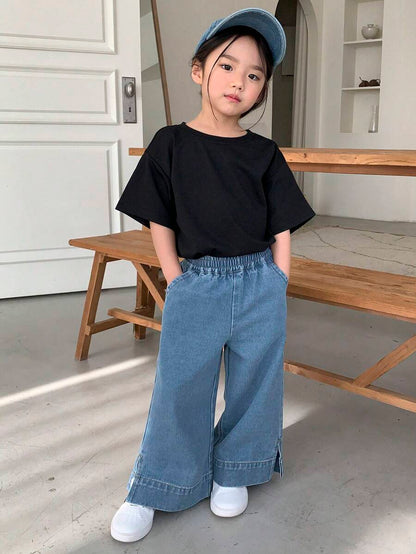 سراويل جينز عصرية بخصر مطاطي وجيوب وأرجل واسعة للفتيات الصغيرات