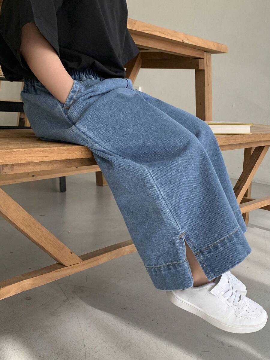 سراويل جينز عصرية بخصر مطاطي وجيوب وأرجل واسعة للفتيات الصغيرات