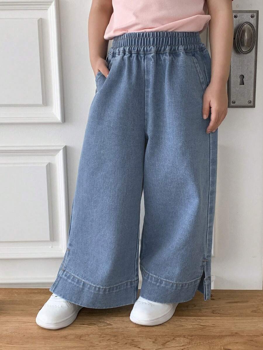 سراويل جينز عصرية بخصر مطاطي وجيوب وأرجل واسعة للفتيات الصغيرات