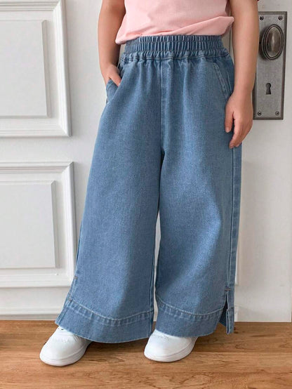 سراويل جينز عصرية بخصر مطاطي وجيوب وأرجل واسعة للفتيات الصغيرات