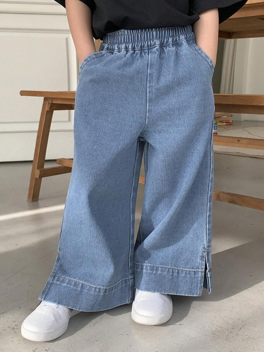 سراويل جينز عصرية بخصر مطاطي وجيوب وأرجل واسعة للفتيات الصغيرات