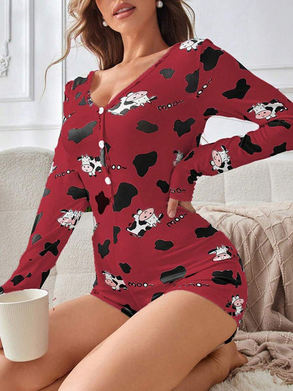 رومبير كاجوال بأكمام طويلة للنساء مطبوعة بنمط البقرة