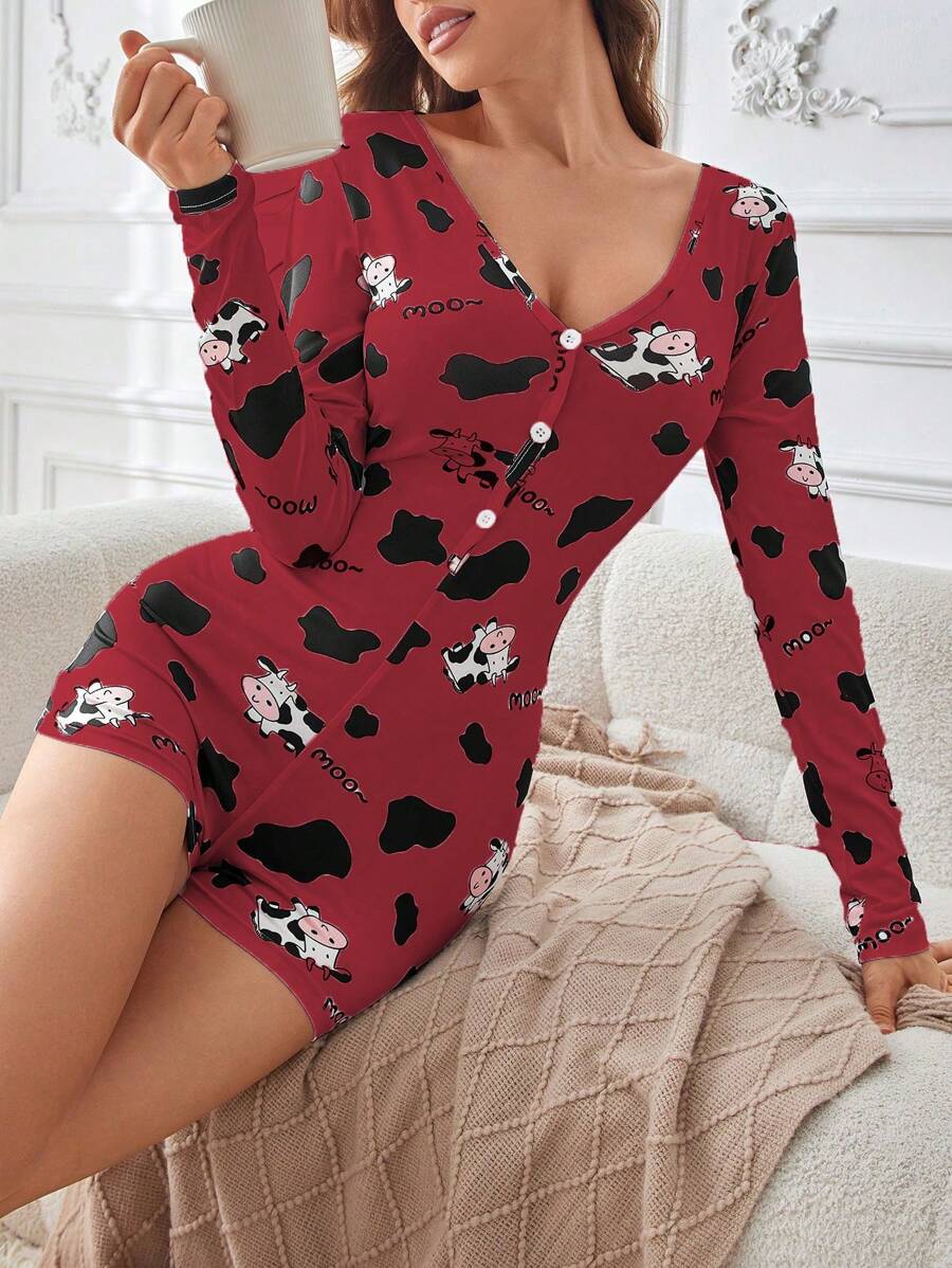 رومبير كاجوال بأكمام طويلة للنساء مطبوعة بنمط البقرة