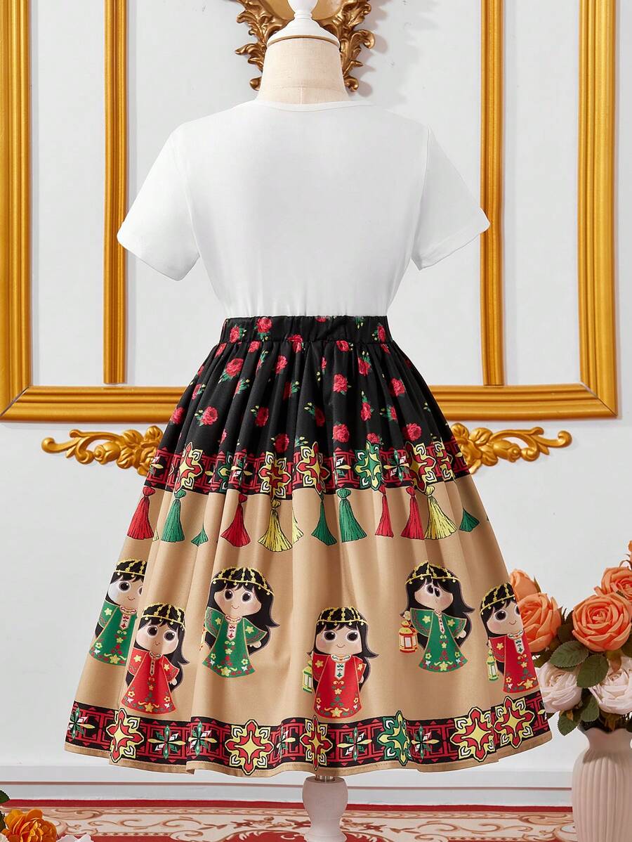 طقم تي شيرت كم قصير وتنورة قصيرة للفتاة بتصميم بسيط،